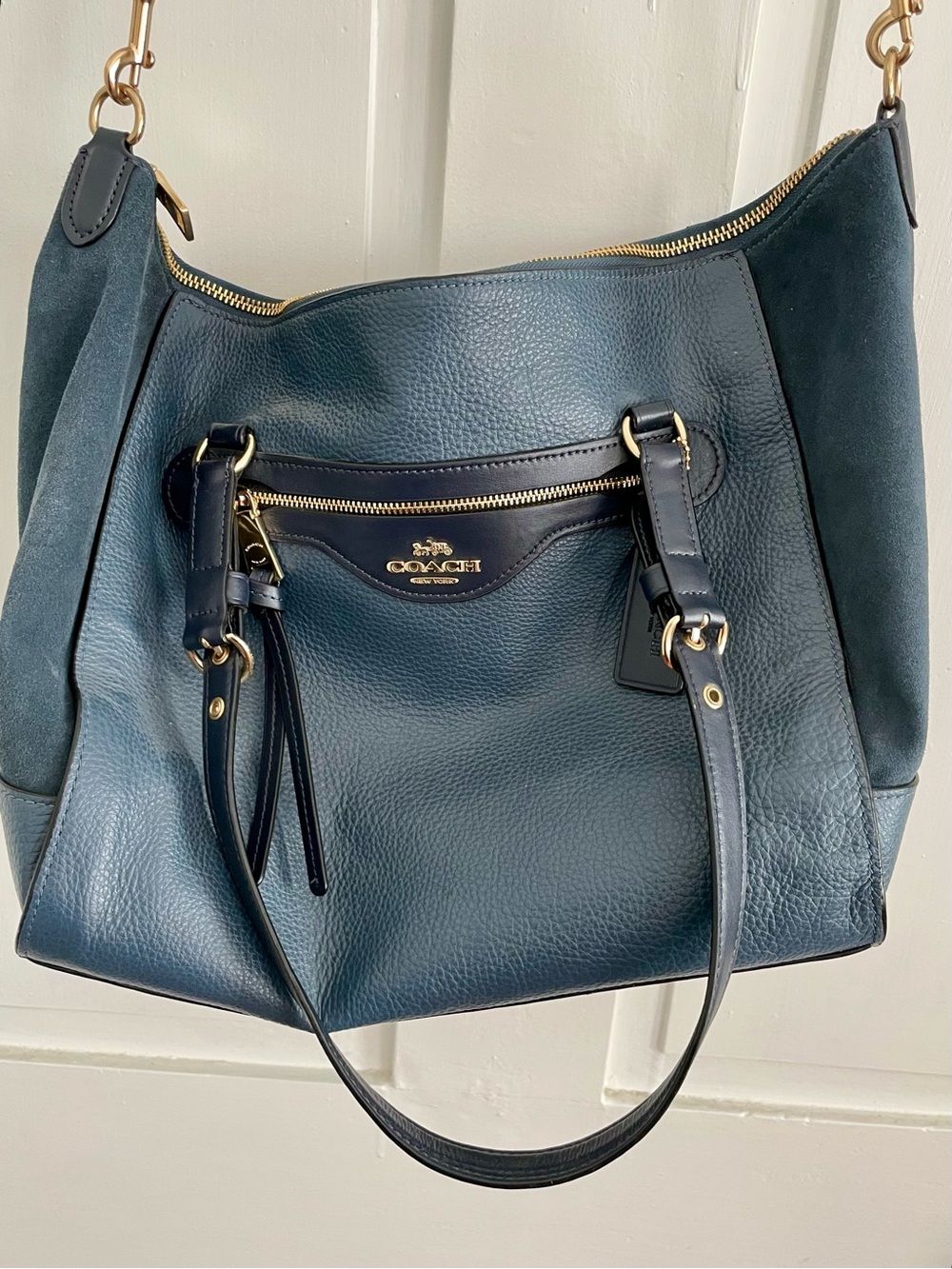 Coach Navy Leather Tote with Gold Hardware - Picture 3 of 11